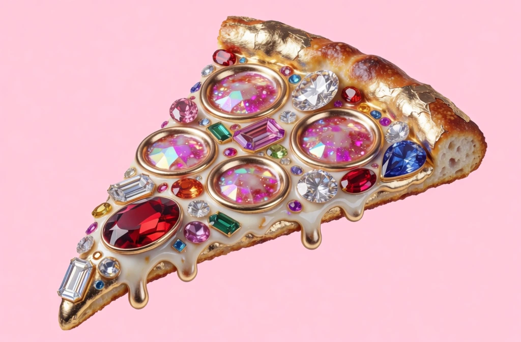 A single slice of pizza is transformed into an extravagant jewel-encrusted luxury object, sitting alone against a plain pastel pink background like a surreal fashion-advertisement sculpture. digital illustration or highly polished CGI render, pop surrealism, luxury still life, hyperreal, whimsical, kitsch-glam, editorial product-shot aesthetic, immaculate studio lighting, high detail, medium visual complexity, glossy textures, fantasy opulence, visually adjacent to Jeff Koons, Ashley Longshore, Takashi Murakami, and contemporary luxury ad imagery, palette of bubblegum pink, molten gold, cream white, ruby red, magenta, rose pink, champagne, amber, emerald, sapphire accents, bright exposure, crisp contrast, saturated color, sharp focus throughout, soft cast shadow, no visible noise, no motion blur, no lens distortion, square composition, clean background, no visible camera artifacts.
The pizza slice is centered slightly low in the frame, angled from lower left toward upper right, with the pointed tip facing left and the crust at the upper right. The entire crust, edge, and underside appear coated in textured bright gold, as if the baked dough were plated in metal. Along the side facing the viewer, the gold surface is densely embedded with gemstones of many cuts and sizes: round pale diamonds, pink stones, ruby-red ovals, rectangular champagne crystals, and tiny lavender and clear gems packed tightly into the metallic lattice. Near the lower left tip, a prominent red oval jewel sits in a gold setting. Across the top surface, melted cheese appears as thick glossy white cream flowing in soft drips over the edges and between toppings. Set into the cheese are circular and oval medallion-like toppings rimmed in gold, many filled with glittering magenta or red centers, resembling jeweled pepperoni. Scattered between them are individual faceted stones in blue, green, clear, and smoky brown. A large deep red gem rests on the right half of the slice near the front edge, standing upright like a ruby candy. The crust at top right is segmented into rounded golden-brown bulges with small embedded jewels and gold drizzles. A soft pinkish shadow falls beneath the slice toward the lower left, anchoring the otherwise minimal, empty pink backdrop.