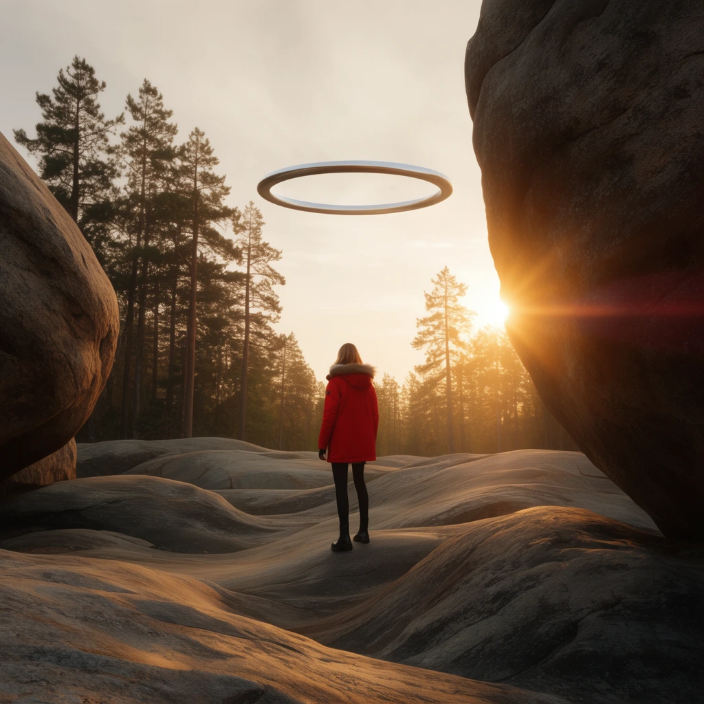 female in red parka on smooth undulating rocks, hovering metallic ring in hazy sky, tall pine trees, golden sunset lens flare, large framing boulders, cinematic wide shot