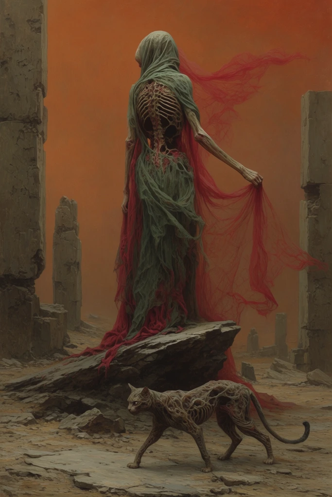 A towering, emaciated entity draped in tattered greenish and crimson shrouds stands atop a jagged rocky outcropping, its back revealing a hollow, ribbed skeletal structure. The figure grasps translucent red gauze that flutters into a thick, rust-orange sky. A twisted feline creature prowls at its feet amid a desolate wasteland of cracked earth and crumbling monolithic stone pillars. The scene is rendered in a highly detailed, dystopian surrealist style with a macabre, atmospheric painterly texture and a muted earthy color palette.
