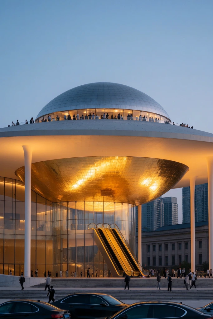 A monumental building features a glowing golden inverted dome suspended beneath a flat roof on slender white columns. The structure protrudes upward as a silver dome with a populated observation deck. Glass walls enclose the ground level, revealing tall escalators. Pedestrians traverse a wide, stepped plaza below, with dark cars parked in the foreground. Set at twilight, the warm golden illumination of the sweeping organic architecture contrasts sharply against a smooth blue gradient sky, background modern skyscrapers, and a classical stone building.