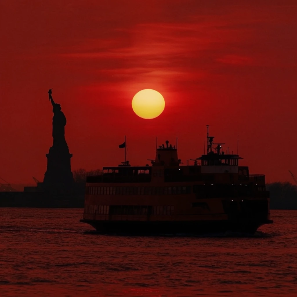 stark silhouettes against a deep blood-red sunset over water, glowing yellow sun in a hazy crimson sky, black silhouette of the Statue of Liberty on the left horizon, large passenger ferry silhouetted in the foreground, telephoto lens compression, monochromatic red and black color palette, cinematic high-contrast lighting