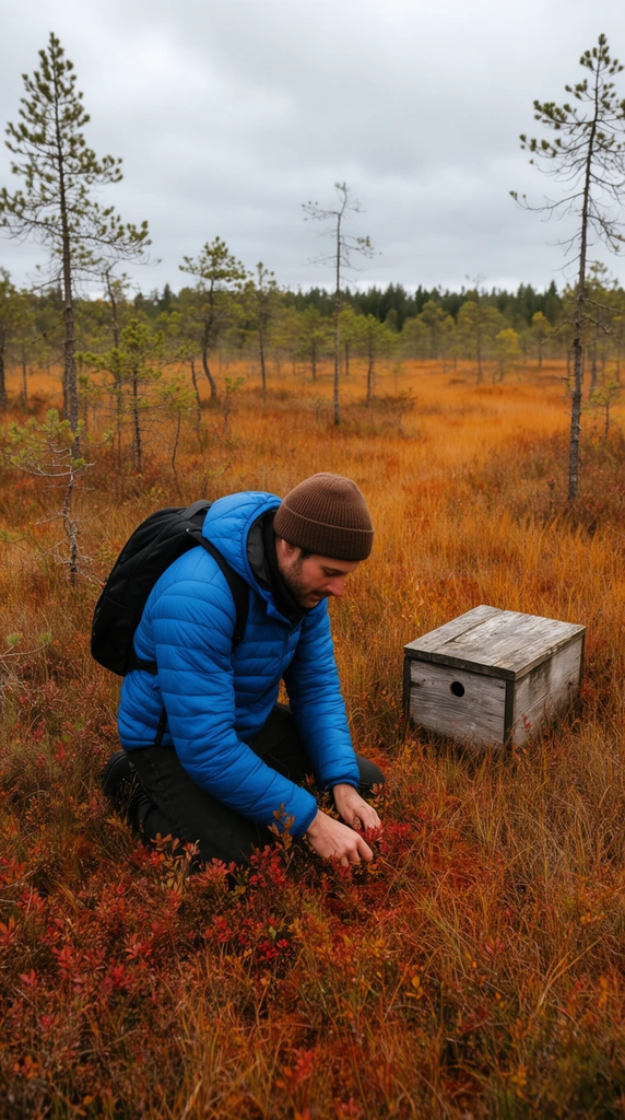 man kneeling in an autumnal marsh, bright blue quilted puffer jacket, brown beanie, black backpack, reaching into reddish ground vegetation, weathered wooden box with a small circular hole resting in golden-brown and orange marsh grasses nearby, scattered thin pine trees, distant dense forest line, overcast gray sky, soft diffused natural daylight, earthy color palette with vibrant blue focal point, medium-wide outdoor photography, eye-level angle