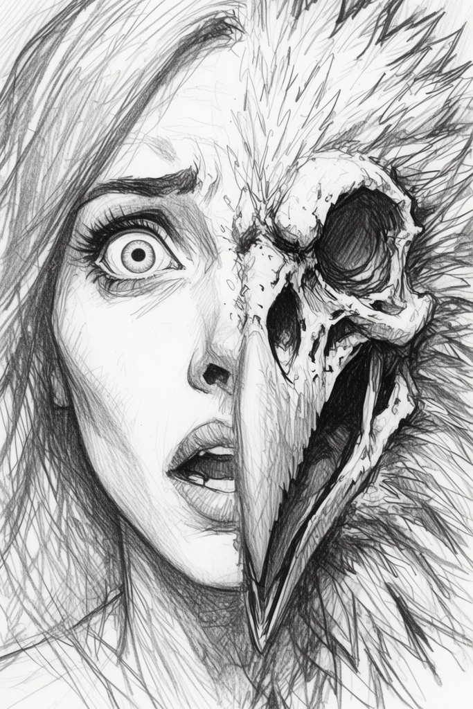 A close-up graphite sketch of a woman's face split vertically into contrasting halves. The left side displays smooth human features with a terrified, wide eye. The right side violently transitions into a skeletal avian creature with a jagged beak, sharp feathers, and a hollow eye socket. Energetic, aggressive pencil linework and dense cross-hatching create a macabre atmosphere of biological metamorphosis.