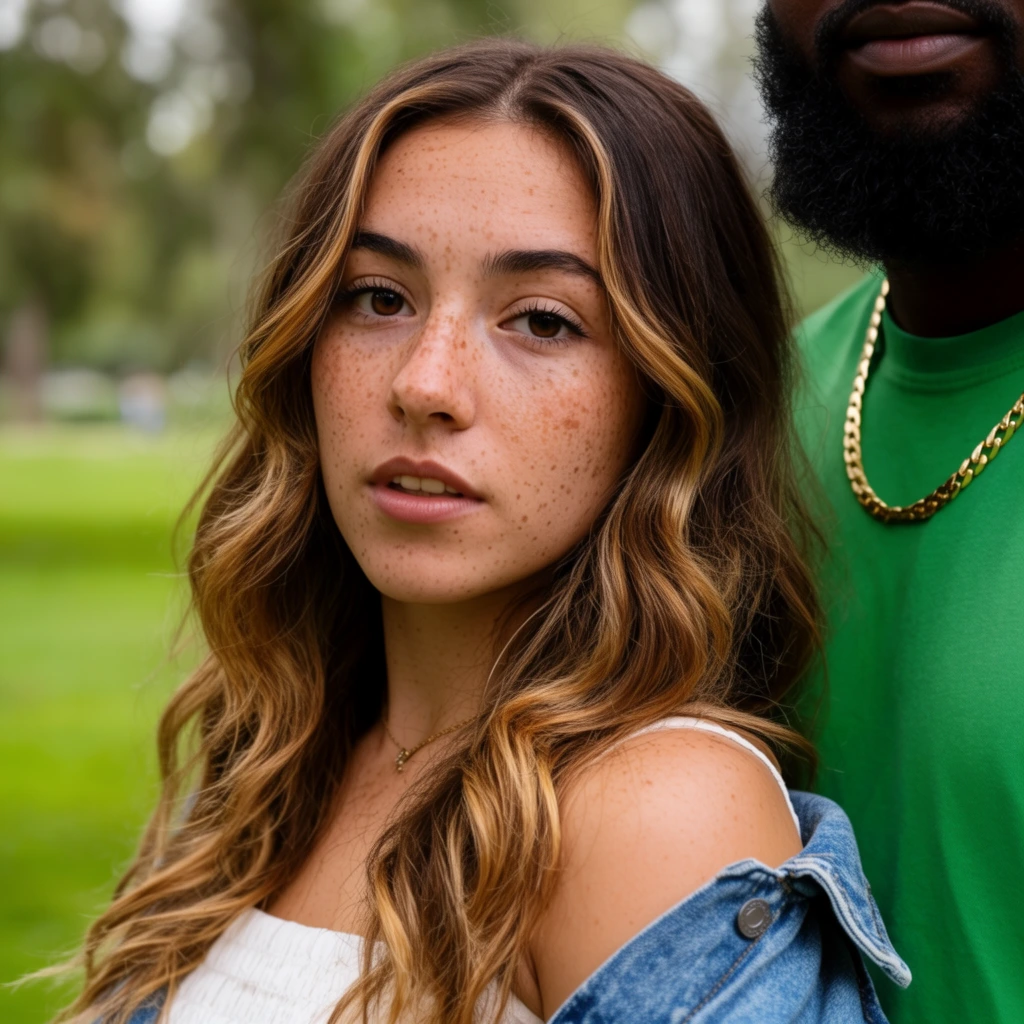 A close-up portrait captures a young woman with freckles and long wavy hair standing outdoors next to a partially visible man. The woman has a light complexion, brown eyes, and a neutral expression with slightly parted lips. She wears a white textured top, a delicate gold necklace, and a blue denim jacket casually draped off her left shoulder. Beside her on the right edge of the frame, the lower face and upper torso of a man with dark skin and a thick black beard are visible. He wears a bright green t-shirt and a thick gold chain. The background consists of a soft, out-of-focus park landscape with vibrant green grass and blurred trees, creating a shallow depth of field. The natural, diffused lighting highlights the texture of the woman's freckles and the warm tones of her brown hair with blonde highlights, while the tight crop emphasizes her direct gaze.