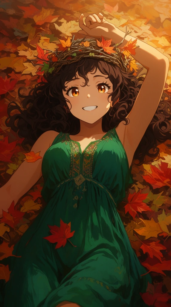 A young woman with dark brown curly hair and bright amber eyes lies playfully among a dense bed of fallen autumn leaves. She wears a sleeveless emerald green bohemian dress and a woven crown of small branches and maple leaves. She rests on her back with one arm raised lazily above her head, smiling warmly. Scattered red, orange, and golden leaves frame her softly illuminated face. The anime-inspired illustration features warm overhead lighting, rich seasonal earth tones, and a slightly high-angle perspective focusing on her joyful expression against the textured foliage.