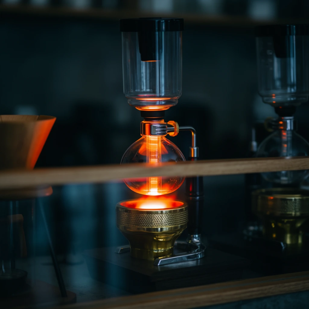 A glowing glass siphon coffee maker sits on a shadowy counter behind a horizontal wooden and glass barrier. The lower spherical flask is intensely illuminated by a bright orange heat source, creating a striking warm focal point against the moody, cool-toned dark background. Shallow depth of field blurs a wooden pour-over stand to the left and a secondary glass bulb to the right. The cinematic composition uses the out-of-focus foreground structure to frame the radiant apparatus, emphasizing the rich contrast between the dimly lit environment and the vibrant, fiery glow of the brewing equipment.