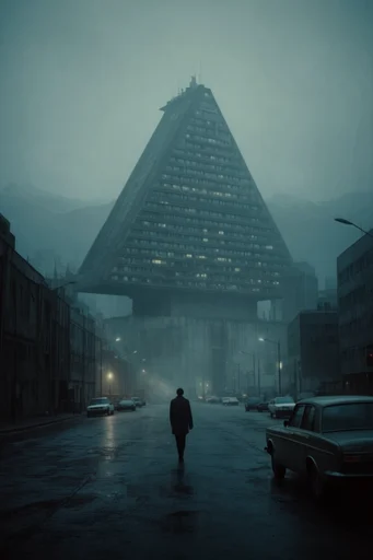 Melancholic Industrial Surrealism style reference image — cinematic brutalist architecture