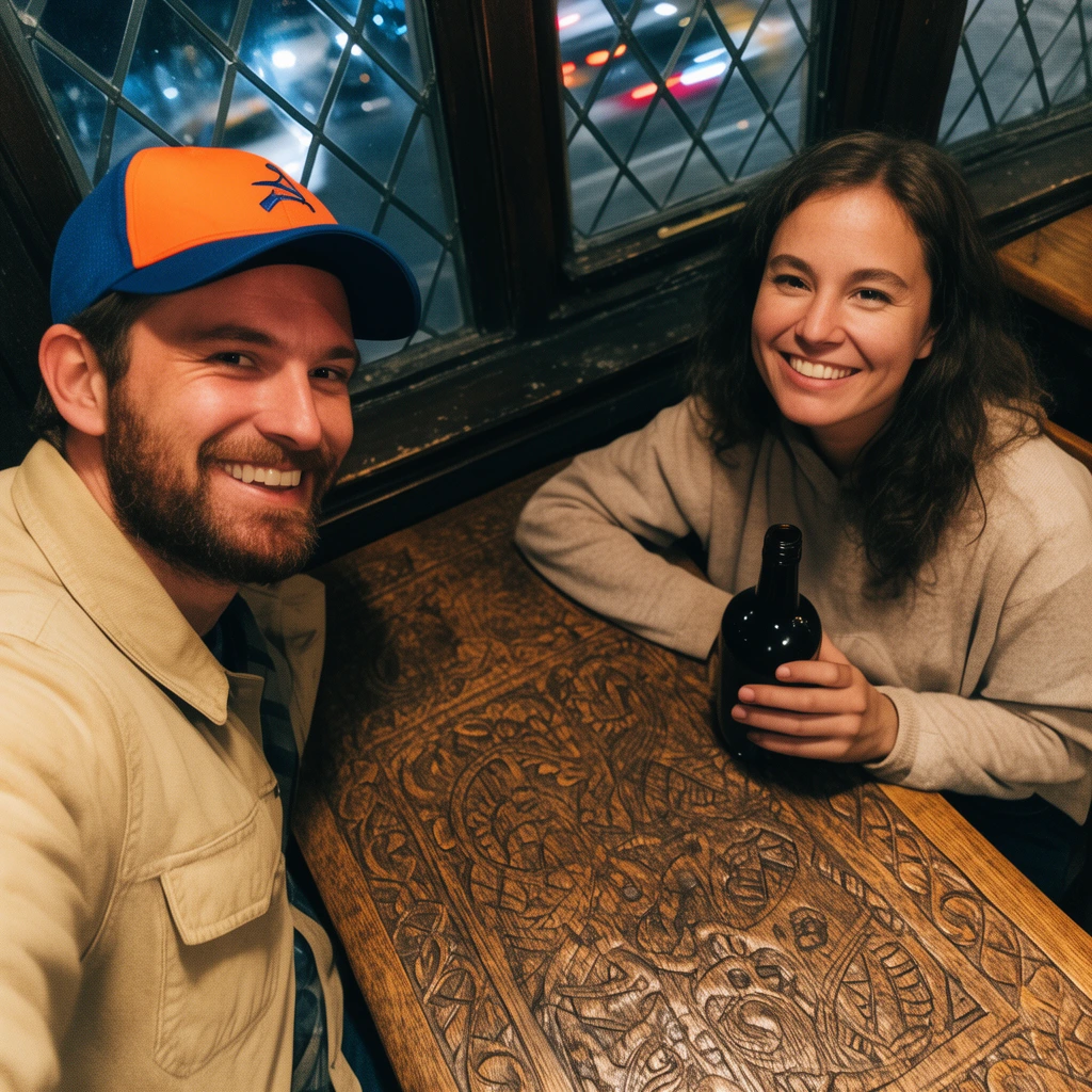 smiling man and woman at a heavily carved wooden table, man in an orange and blue cap, woman holding a dark glass bottle, diamond-paned window showing blurred night traffic, high angle candid shot, warm indoor lighting