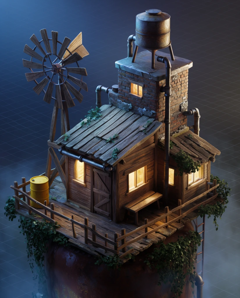 Miniature 3D diorama of a rustic multi-tiered dwelling,... | Krea