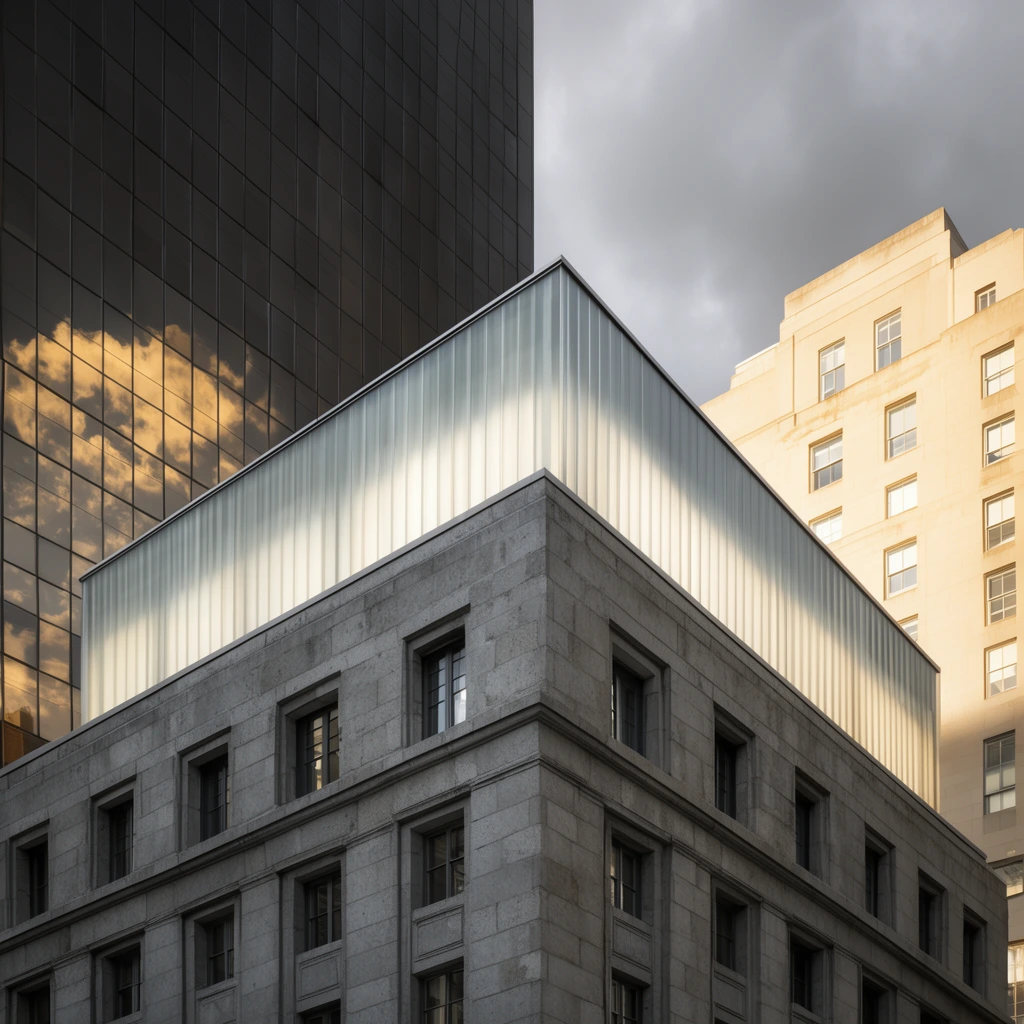 low angle architectural photography, sturdy grey stone building with recessed windows topped by a glowing ribbed glass box addition, tall dark mirrored glass skyscraper reflecting golden clouds, beige building bathed in bright sunlight, overcast sky, sharp focus, geometric composition, contrasting masonry and sleek glass textures, diagonal lines