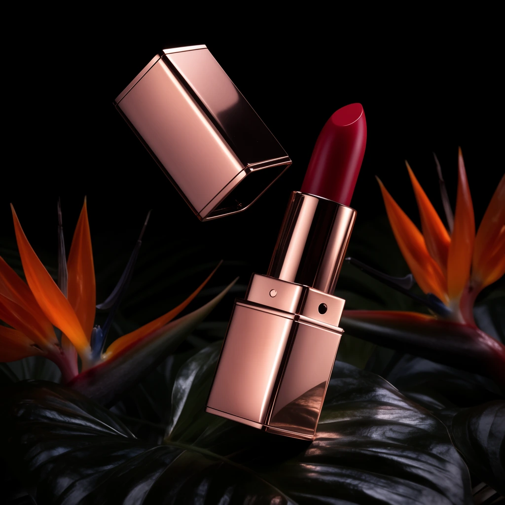A luxurious rose-gold square lipstick tube stands open, revealing a deep red bullet, floating amidst dark, glossy tropical leaves and vibrant orange bird-of-paradise flowers against a pitch-black background. The metallic cap hovers diagonally above the base, illuminated by dramatic low-key lighting that creates sharp, gleaming reflections on the sleek casing.