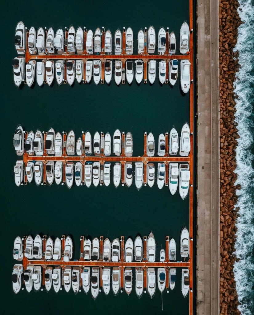 top-down aerial view of a marina, rows of white yachts and motorboats docked at three rusty orange horizontal piers, deep dark teal harbor water, vertical concrete dock on the right, rocky brown breakwater edge with crashing white surf, geometric grid-like composition, drone photography, bird's-eye perspective, sharp focus, contrasting natural daylight colors