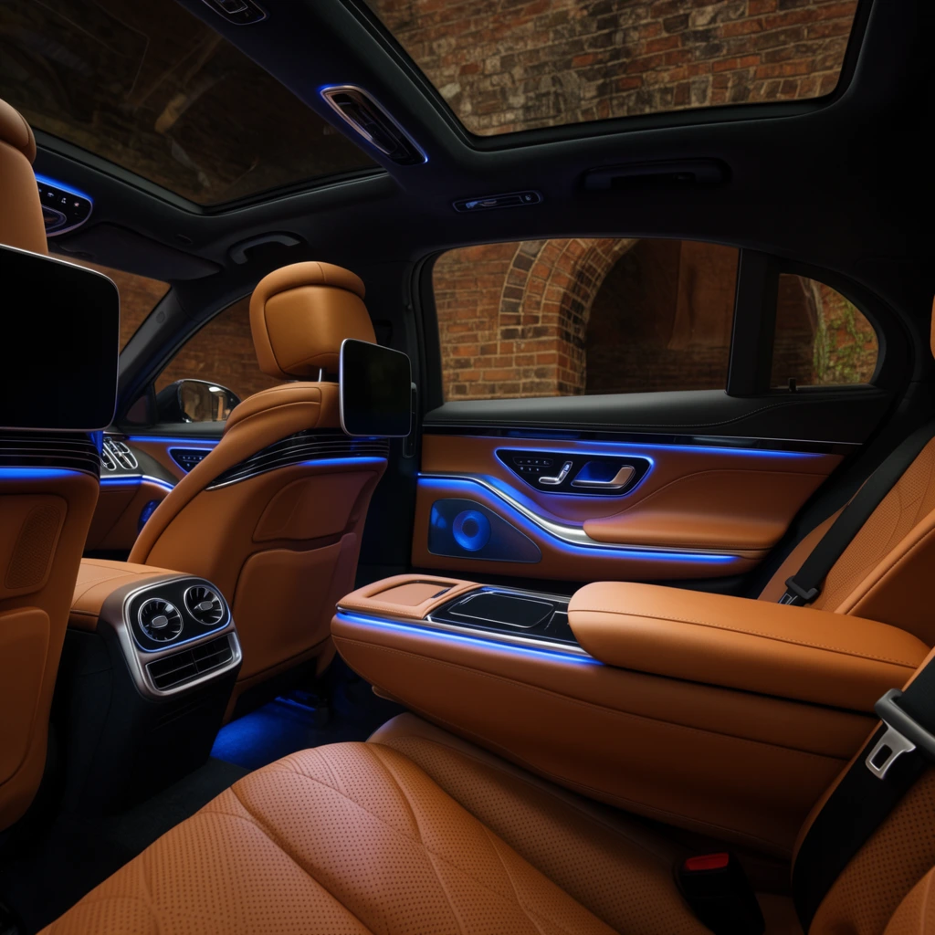 luxurious rear car interior, caramel leather seats, blue ambient LED lighting, center armrest console, panoramic sunroof, brick archway visible through side window, cinematic automotive photography