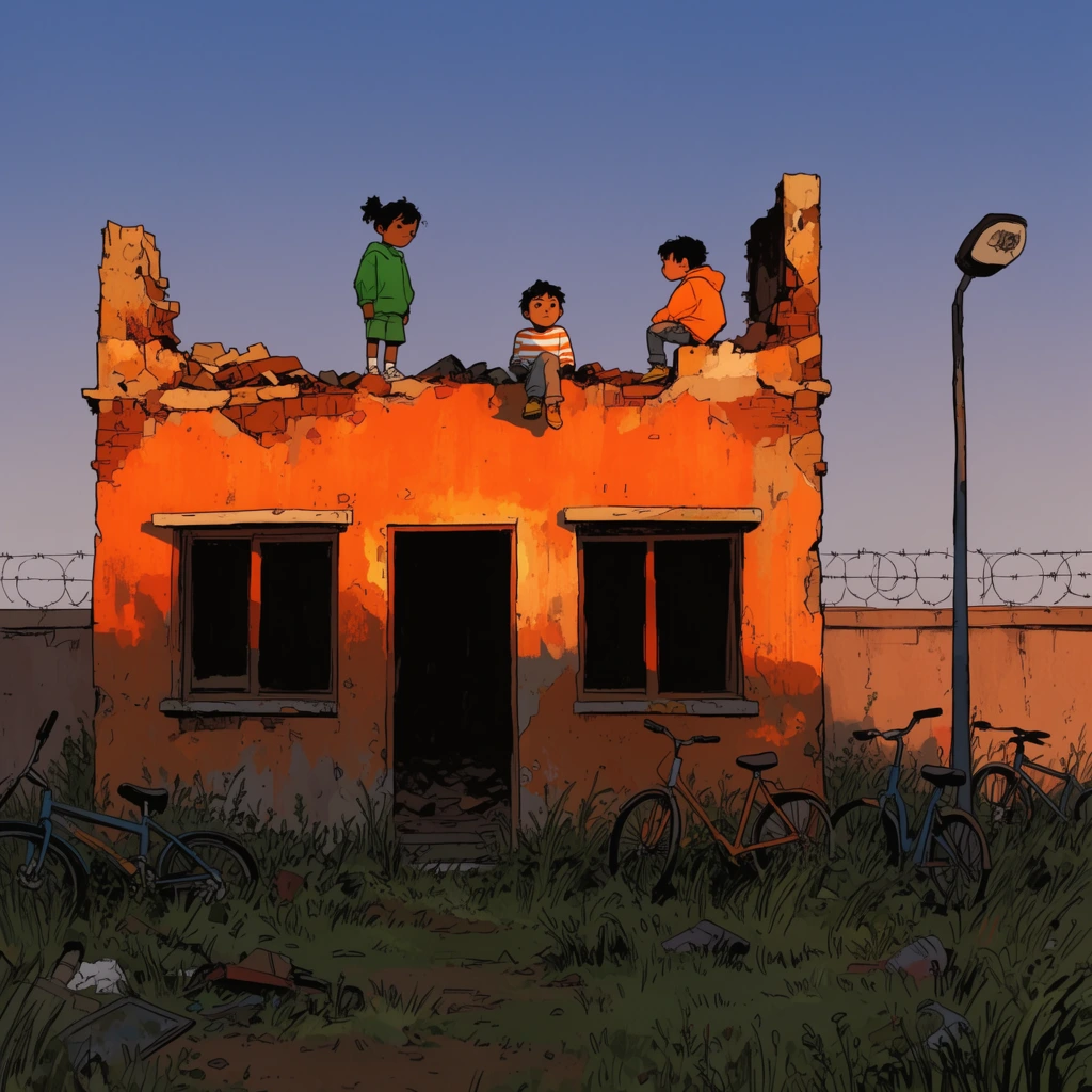 Three children explore the ruined roof of an abandoned orange building in a comic-style digital illustration. Warm sunset light illuminates the crumbling facade and empty windows. A child stands in green, another sits in stripes, and a third perches in orange. Overgrown grass, discarded bicycles, a streetlamp, and a barbed-wire wall fill the foreground against a clear twilight sky.