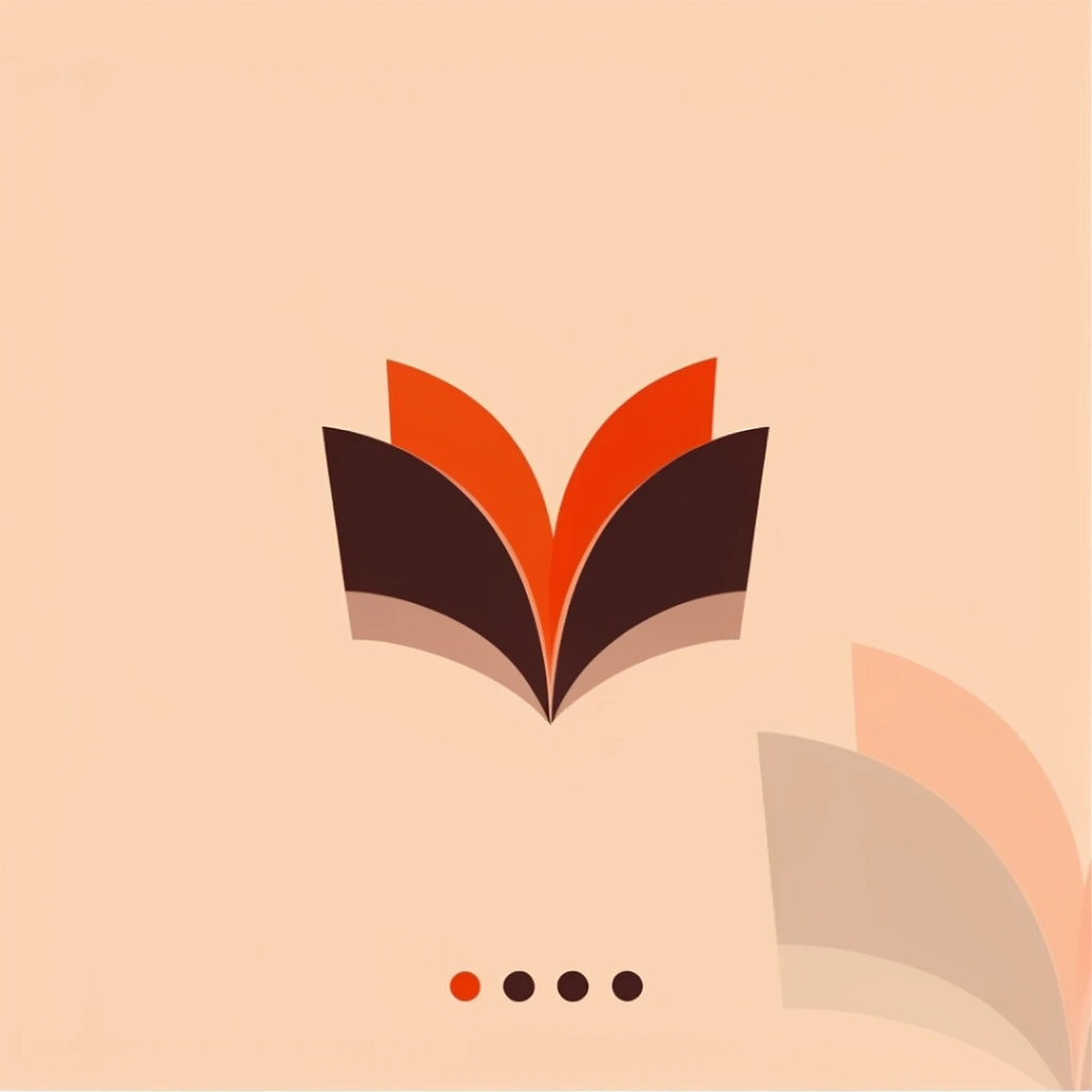 Three overlapping curved swooshes resembling open book pages float centrally against a flat pale apricot background. The outer swooshes are dark brown, flanking an orange-red middle swoosh. Below, a row of four small circles features one orange-red and three dark brown dots. A faint, oversized translucent version of the swoosh motif bleeds off the bottom right corner in a minimalist flat vector graphic style.