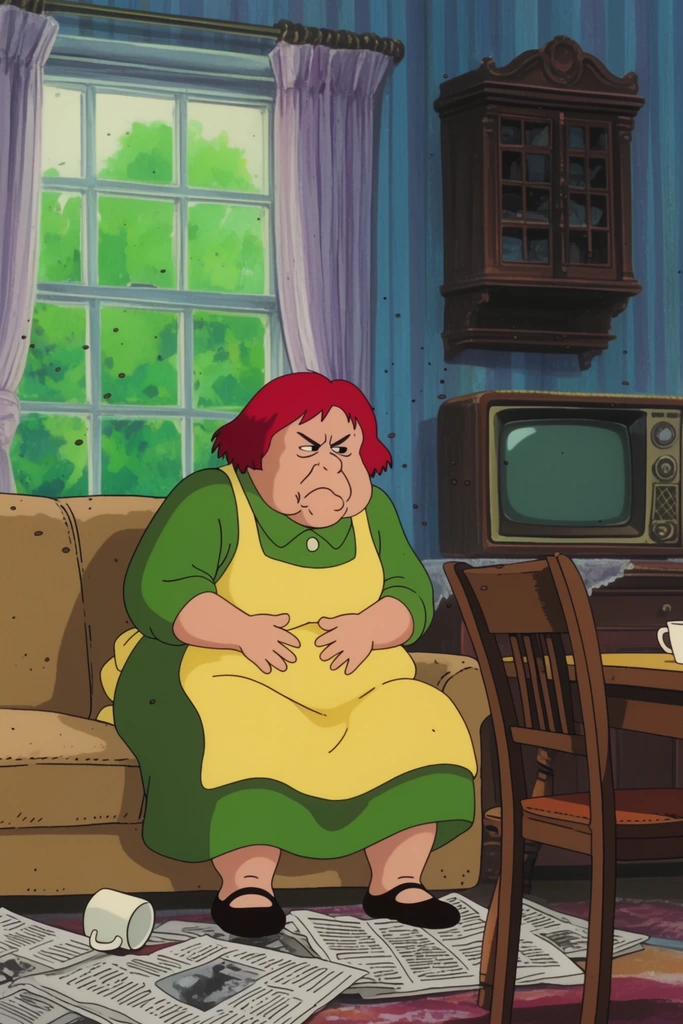 plump grumpy woman with short red hair, wearing a green dress and yellow apron, sitting heavily on a tan sofa, hands resting on her stomach, scattered newspaper and a tipped-over white mug on the floor, cozy vintage living room with blue striped wallpaper, multi-pane window showing bright green foliage, pale purple curtains, wooden dining table and chair, antique wall cabinet above a retro television, tiny dark specks floating in the air, traditional 2D animation style, flat cel-shaded colors, nostalgic domestic setting