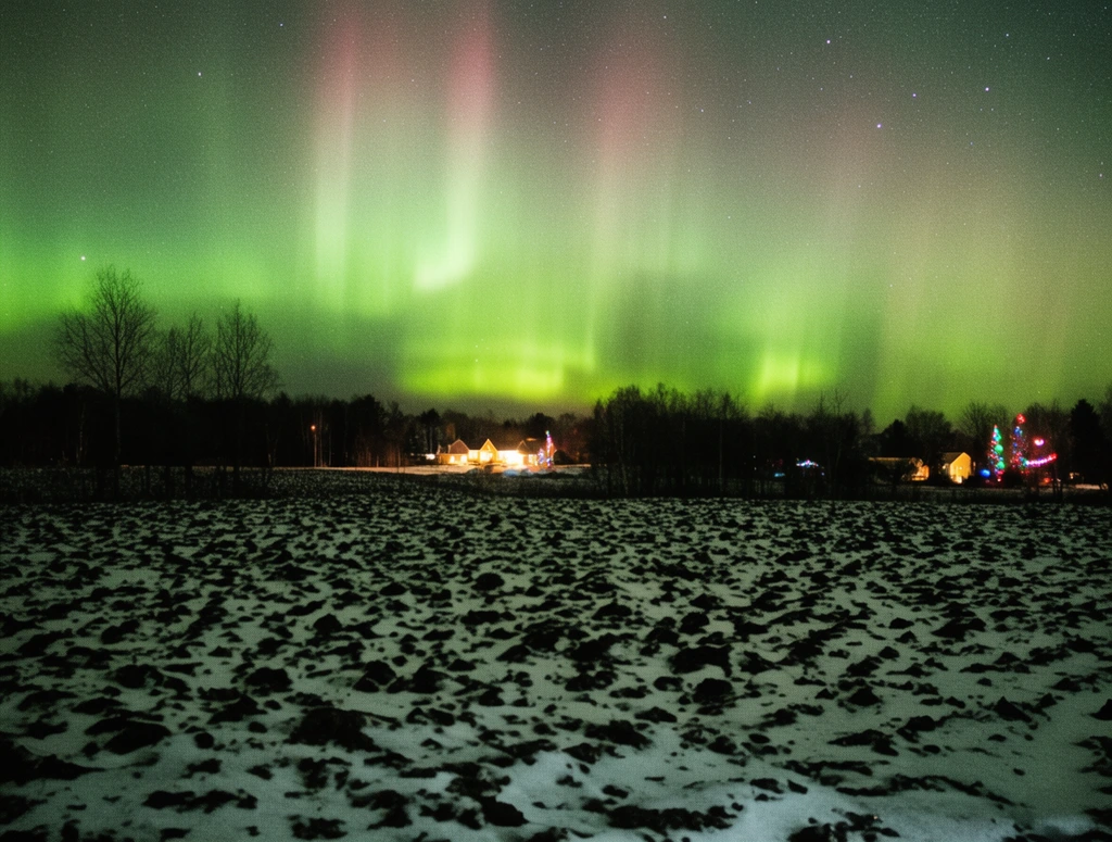 vibrant green aurora borealis across a dark starry night sky, faint pinkish upper hues, rural winter landscape, textured plowed field foreground with patchy white snow over dark soil, speckled terrain pattern, dark silhouetted midground treeline, distant glowing warm yellow house lights and colorful festive lights, wide angle perspective, grainy night photography, luminous sky contrasting with dark ground