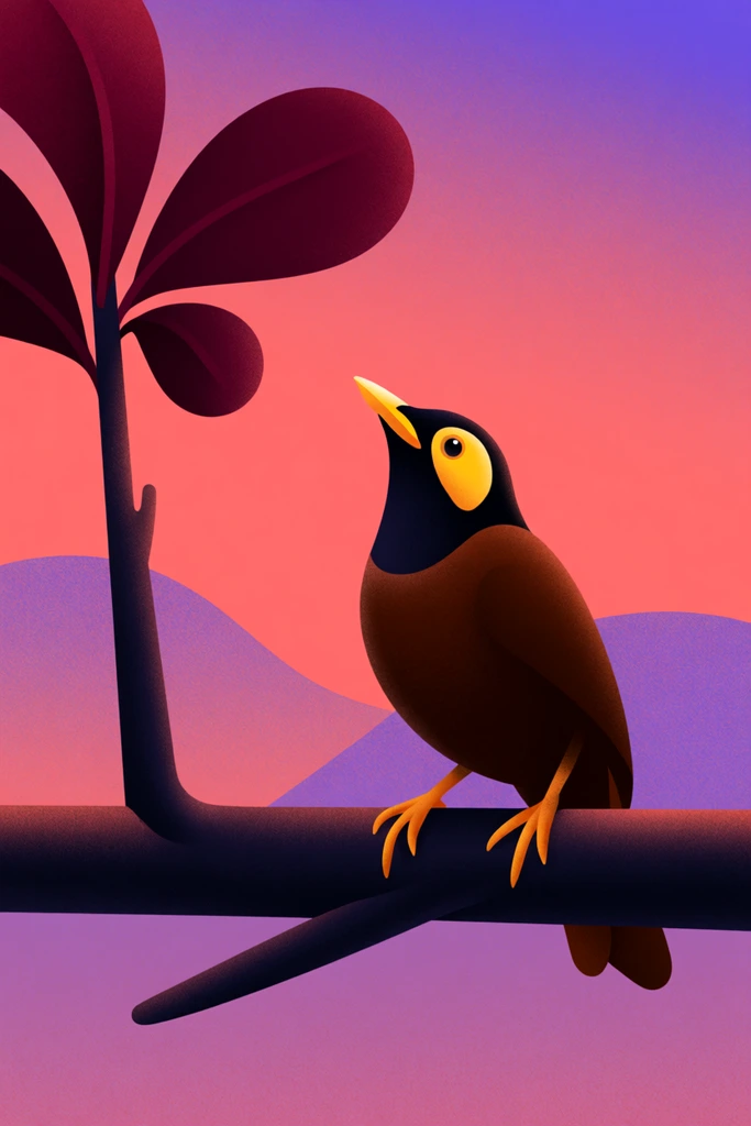 A stylized digital illustration of a brown and black bird perched on a thick, dark branch against a vibrant gradient sunset sky. The bird features a dark brown body, black head, distinctive bright yellow eye patch, pointed yellow beak, and orange-yellow legs gripping the wood while looking upward. The branch extends horizontally, with a vertical offshoot on the left bearing large, rounded, deep maroon leaves. The background transitions smoothly from coral pink to deep violet, accented by soft, rolling lavender silhouettes of distant hills. The composition utilizes a vector graphic aesthetic enhanced by a prominent, fine grainy stipple texture, creating a warm, tactile twilight atmosphere with flat color blocking and subtle volumetric shading.