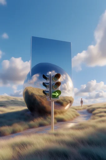 Reflective Surrealist Landscapes style reference image — geometric reflective architecture