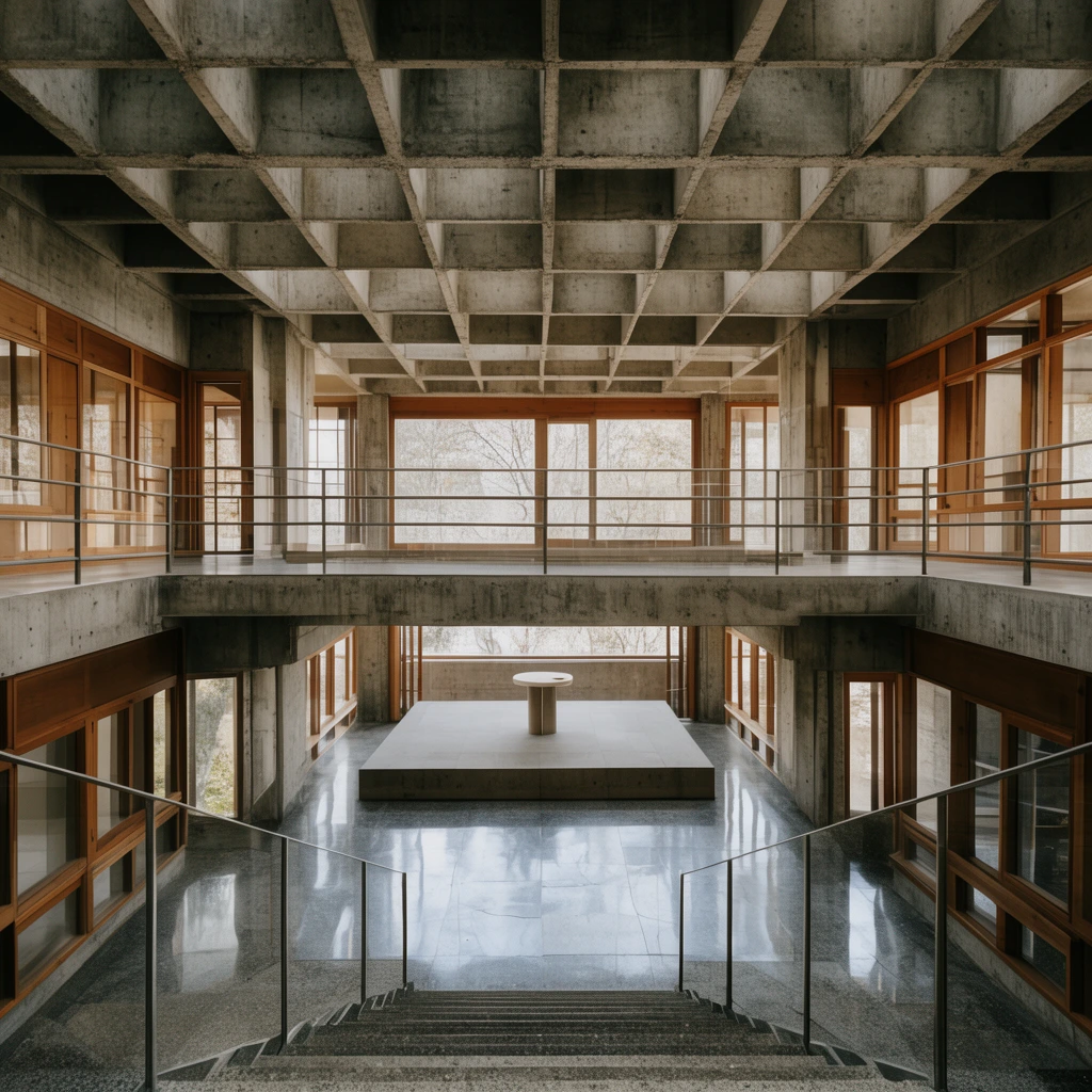brutalist interior atrium, raw concrete waffle slab ceiling, central platform with small circular pedestal, upper concrete walkway with metal railings, warm wooden framed windows, polished reflective stone floor, foreground descending stairs, symmetrical architectural photography, soft natural light