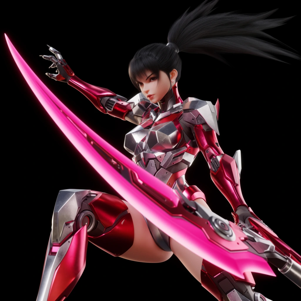 A 3D character render of a futuristic warrior in a dynamic low-angle pose against a pitch-black background. She wears sleek mecha-armor in metallic crimson and polished silver, featuring angular plating across her torso and lifted right leg. Her jet-black hair forms a sharp, high ponytail whipping backward. She thrusts a massive, glowing neon-pink cyber-scythe diagonally across the foreground. High-contrast studio lighting highlights the armor's reflective sheen and the luminescent energy blade, emphasizing the bold, aggressive composition and sharp mechanical details of her futuristic design.