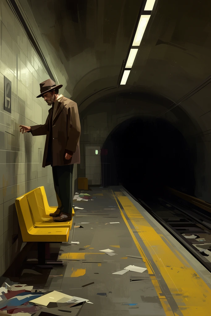 man in hat standing on yellow bench reaching towards subway wall, dark tunnel entrance, underground platform, scattered floor debris, moody lighting, digital concept art