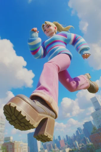 Vibrant Whimsical CGI style reference image — extreme low-angle perspective