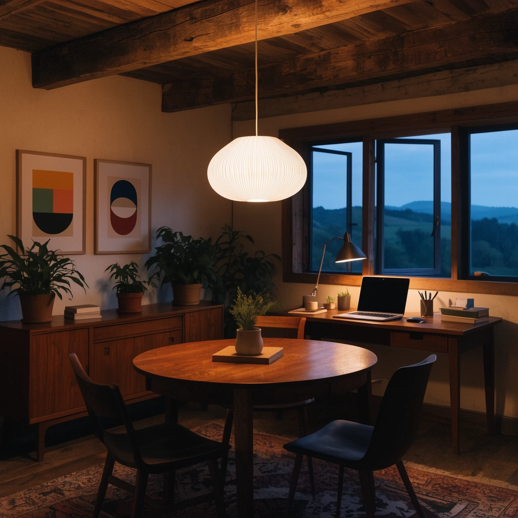 A warm rustic interior at twilight centers on a round wooden table under a white pleated pendant light. A mid-century sideboard with plants and framed geometric art sits left. To the right, a desk setup faces open windows revealing dusky rolling hills. The architectural shot balances moody interior illumination with cool outdoor blue hour tones.