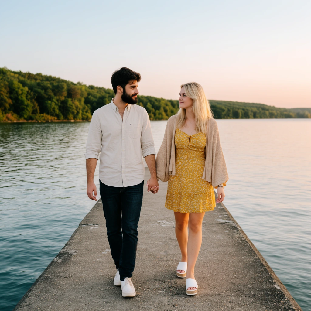 young couple walking hand in hand on a concrete pier, gazing affectionately at each other, man with dark beard wearing a light button-down shirt and dark jeans, blonde woman in a yellow floral dress and loose beige cardigan, white platform sandals, calm lake water with subtle ripples, lush green forested shoreline, clear sky transitioning from pale blue to soft peach, natural golden hour lighting, candid lifestyle photography, full body shot, eye level perspective, warm romantic color palette