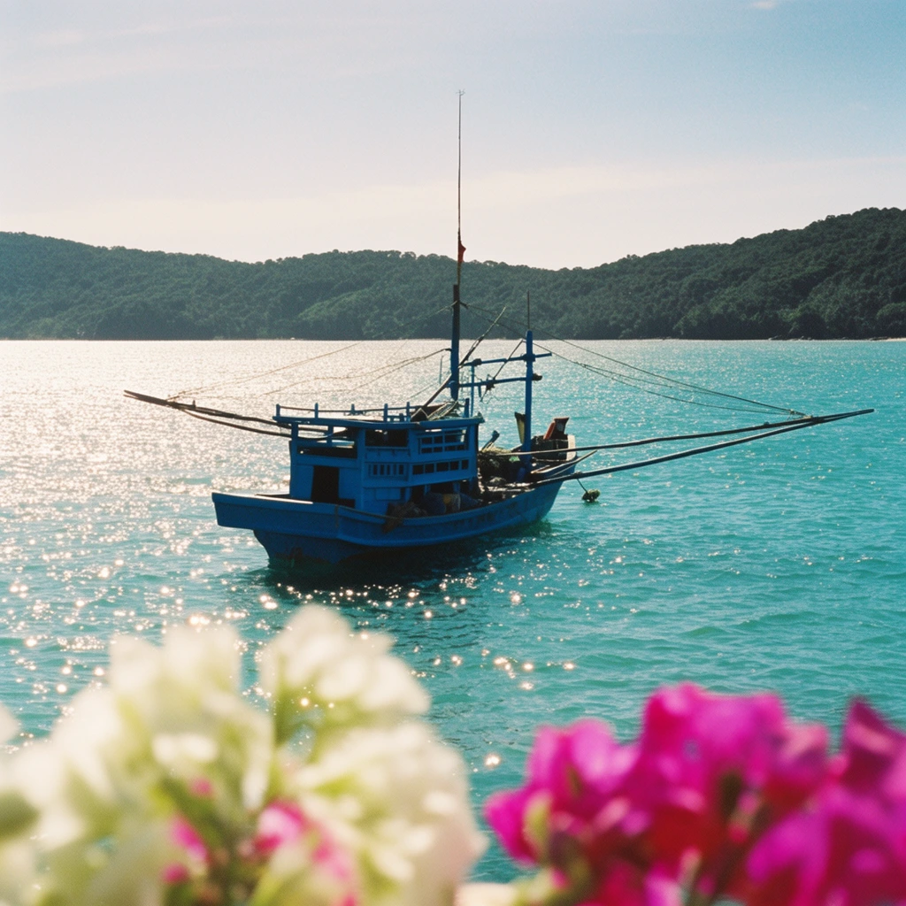 A traditional blue fishing boat floats on sparkling turquoise water, framed by heavily blurred white and vibrant magenta flowers in the extreme foreground. The vessel features a central cabin, a tall mast, and long outrigger booms. Brilliant sunlight creates glittering highlights across the rippling sea. Dark green forested hills rise in the background under a pale blue sky, captured with a shallow depth of field and a sun-drenched analog photography aesthetic.