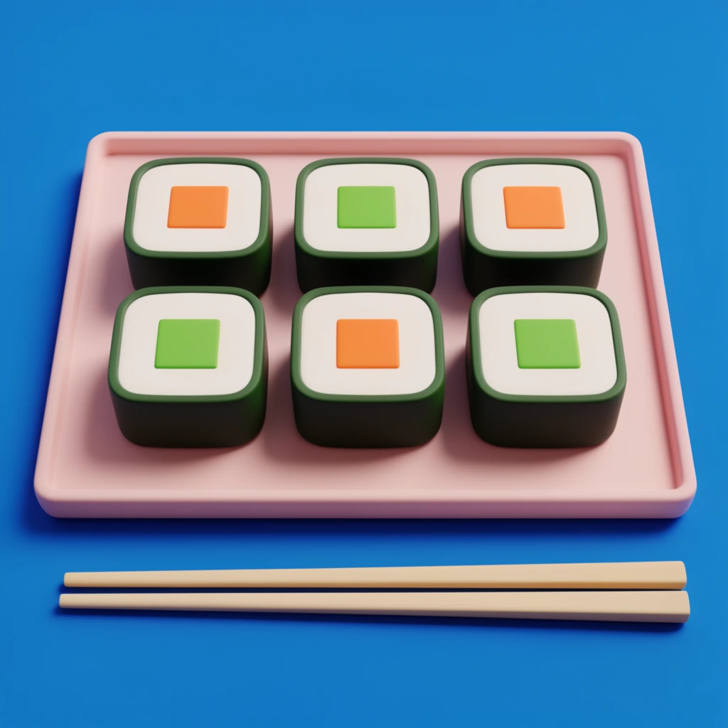 six geometric square sushi rolls in a two by three grid, dark green edges, white interiors, orange and green square centers, pale pink square tray, horizontal chopsticks, vibrant blue background, isometric 3D render, minimalist matte textures, crisp shadows