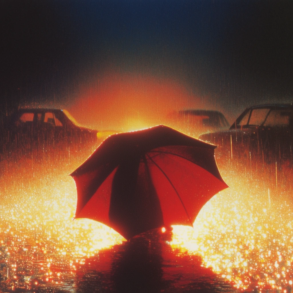 An open umbrella rests on a wet city street beneath falling rain, depicted as a stark, deep red-black silhouette against a blinding, fiery orange and yellow backlit glow. The umbrella dominates the center foreground, its curved canopy edges softly rim-lit by the intense background illumination. Behind it, the hazy shapes of cars form secondary, dark silhouettes dissolving into the radiant, glowing atmosphere. Streaks of falling rain catch the brilliant light, appearing as shimmering threads of gold and white. The wet street acts as a highly luminous surface, erupting with thousands of brilliant, sparkling yellow and white specular highlights resembling glowing liquid fire or bright embers. The scene transitions dramatically from this blinding golden-orange illumination in the lower half to a heavy, pitch-black and deep midnight-blue void at the top edge. The visual aesthetic replicates a vintage 1970s fantasy airbrush illustration or classic album cover, featuring extreme center-framed backlighting, heavy and coarse film grain, intense optical bloom around the highlights, profound shadow contrast, and a hyper-saturated warm palette of incandescent reds, brilliant golds, and deep blacks.