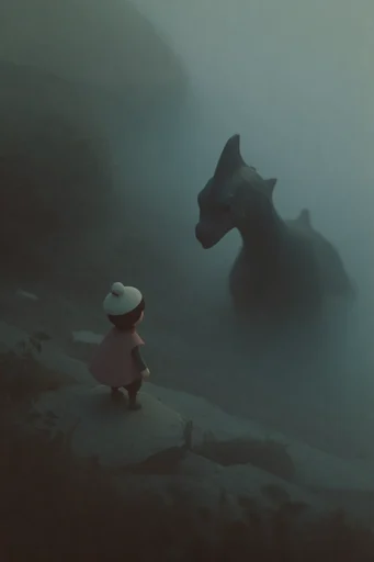 Muted Surrealist Minimalism style reference image — muted teal and gray tones