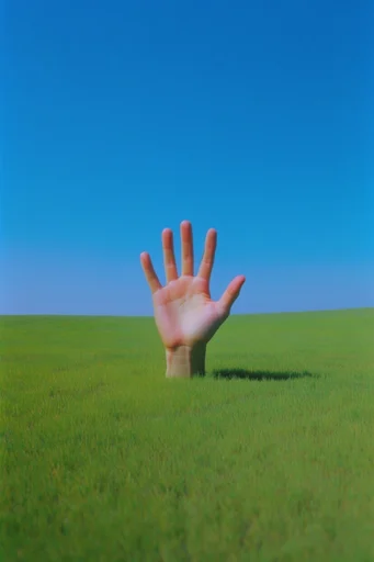 Liminal Surrealist Pastoral style reference image — vibrant green hills