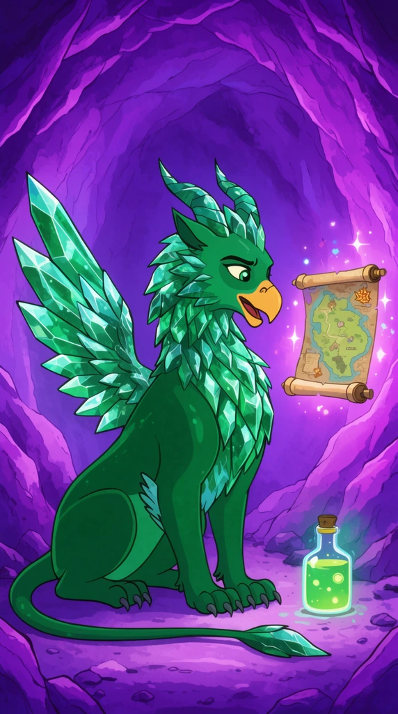 An animated emerald-green griffin with crystal wings rests inside a luminous purple cave. The creature examines a floating magical map beside a glowing potion. Rendered in vibrant 2D line art.