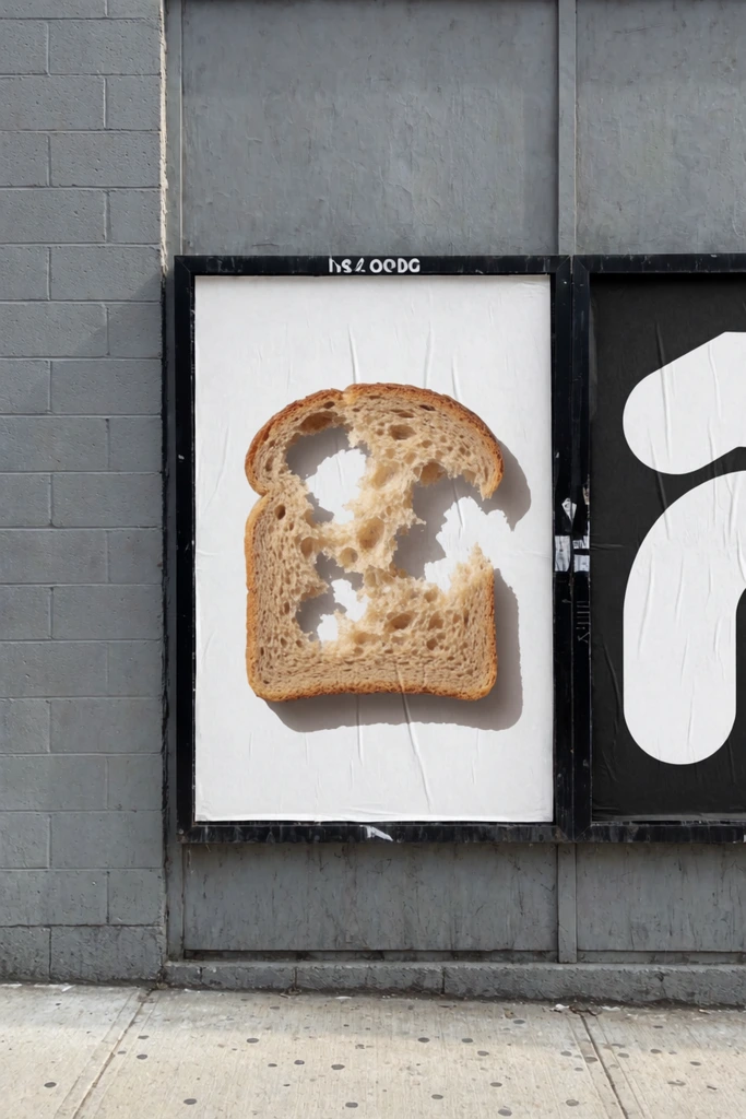 torn slice of light brown bread with large irregular missing bites, suspended centrally on a vertical white poster board within a black metal frame, mounted on a grey wall of painted cinderblocks and vertical panels, adjacent black poster displaying bold white abstract curved shapes, soft natural daylight, photorealistic urban street photography, drop shadow beneath the bread creating a trompe l'oeil effect, pale grey concrete sidewalk foreground