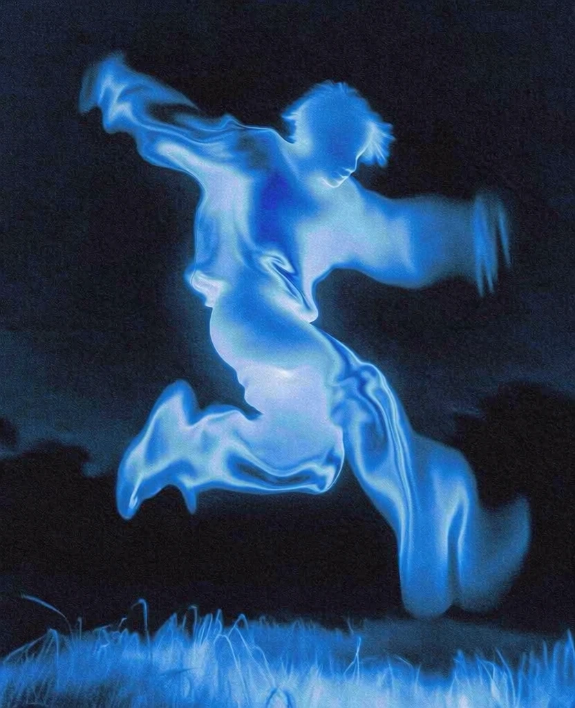 monochromatic electric blue silhouette of a person jumping in mid-air over a grassy field and distant trees, rendered with heavy digital film grain, long-exposure motion blur, ethereal bioluminescent glow against an obsidian background, soft-focus fluid textures, ghostly light-painting aesthetic, high-contrast cerulean and black palette, abstract organic shapes, smearing and soft-edged spectral forms, lo-fi dreamcore atmosphere, high-iso noisy finish.