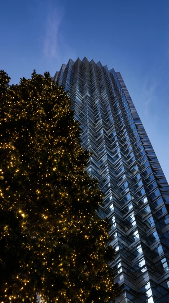 low angle perspective looking up at a towering modern skyscraper with a ridged chevron-patterned glass facade reflecting the sky, a massive dark evergreen tree densely wrapped in thousands of glowing warm yellow fairy lights dominating the left foreground, deep clear twilight blue sky with faint wispy clouds above, architectural photography, striking contrast between the organically textured illuminated foliage and the sharp geometry of the high-rise building, dramatic upward tilt, cool evening atmosphere