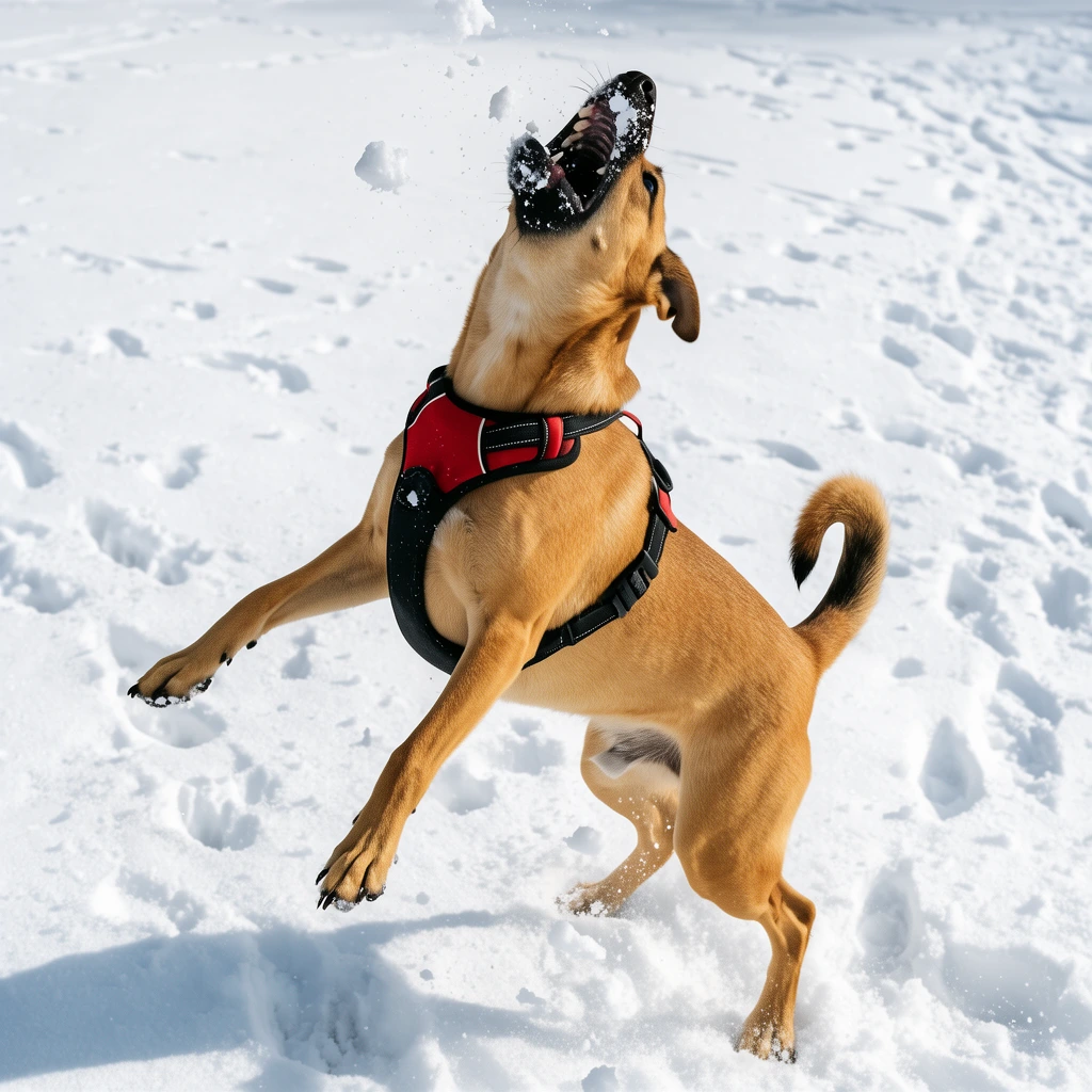 A tan short-haired dog leaps vertically above a snowy field, its head thrown back and mouth wide open to catch flying snow. The dog, wearing a black and red harness, is frozen in mid-air with front legs splayed, back legs extended, and tail curled. Chunks of snow hover near its dark muzzle. The bright white ground is heavily textured with scattered paw prints and boot tracks, captured in sharp, high-speed action photography.