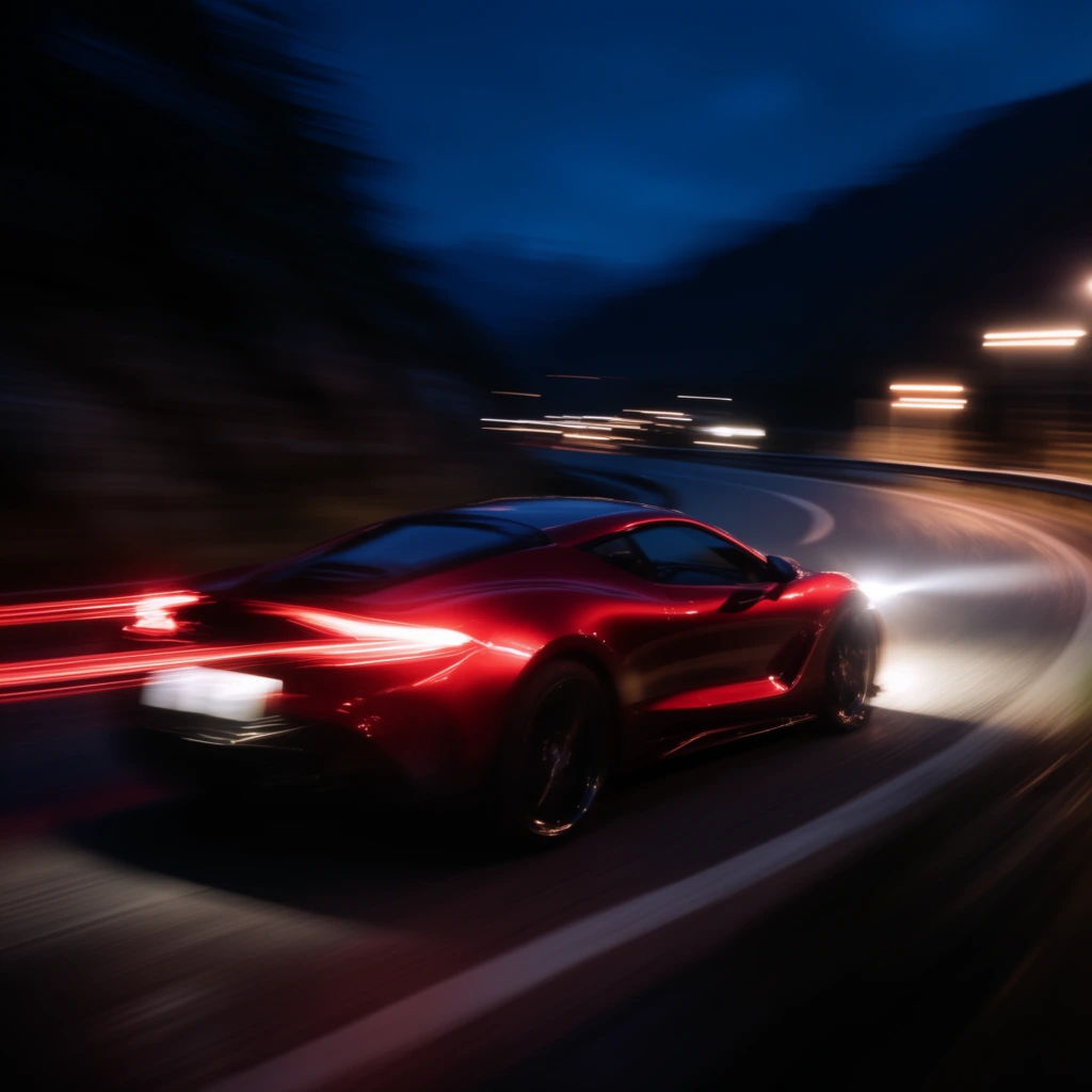 A sleek, glossy crimson sports car speeds along a curving mountain pass at night. Captured with intense motion blur emphasizing extreme velocity. Glowing headlights cut through the darkness, leaving red taillight trails. The deep blue night sky contrasts with horizontal streaks of blurred light from roadside lamps. Panning photography creates a moody, low-light atmosphere dominated by fluid speed lines and dynamic composition.
