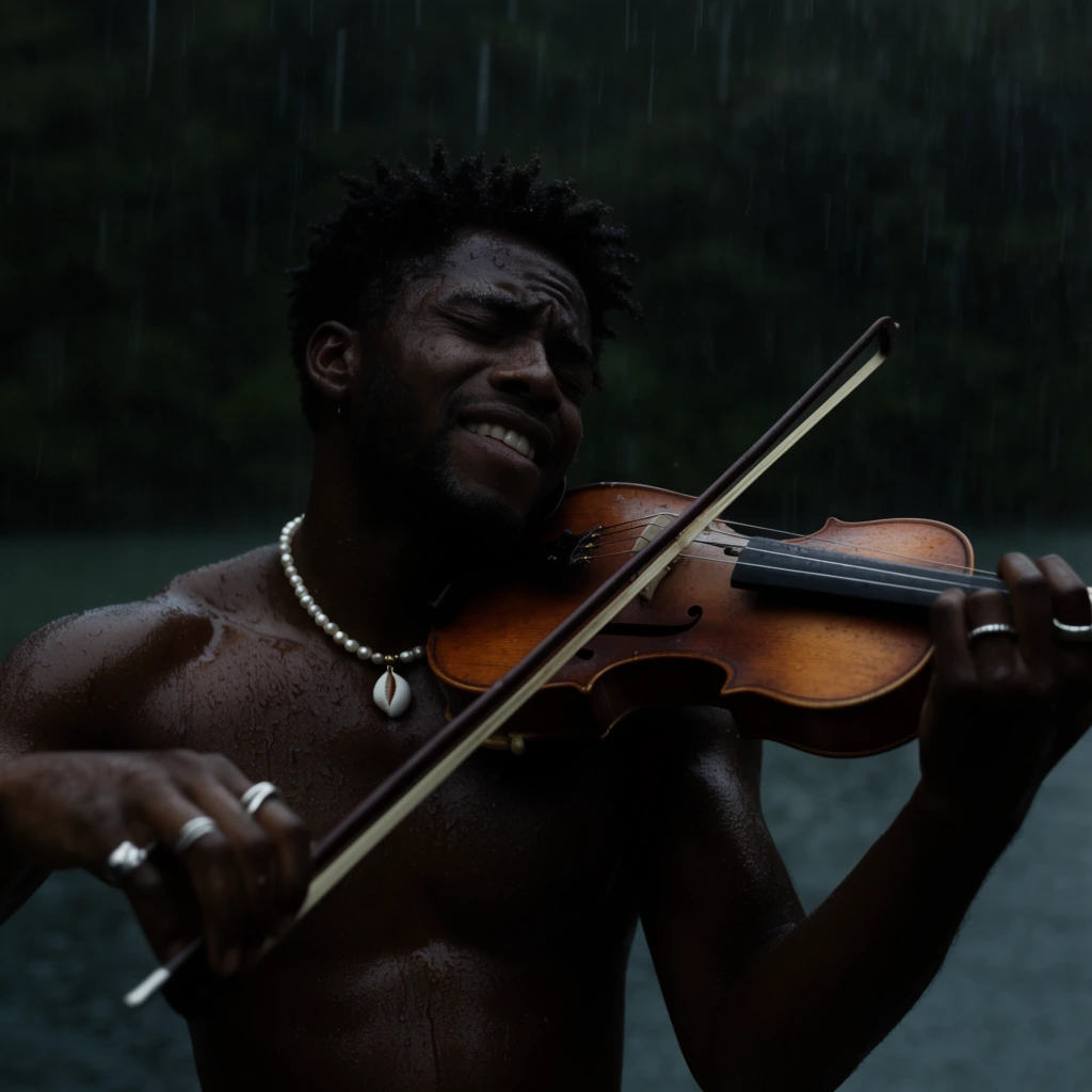 shirtless Black man playing a wooden violin in the rain, eyes closed in emotion, short textured hair, pearl necklace with shell pendant, silver rings, wet glistening skin, falling rain streaks, dark out-of-focus forest and water background, moody low-key lighting, cinematic photography, shallow depth of field