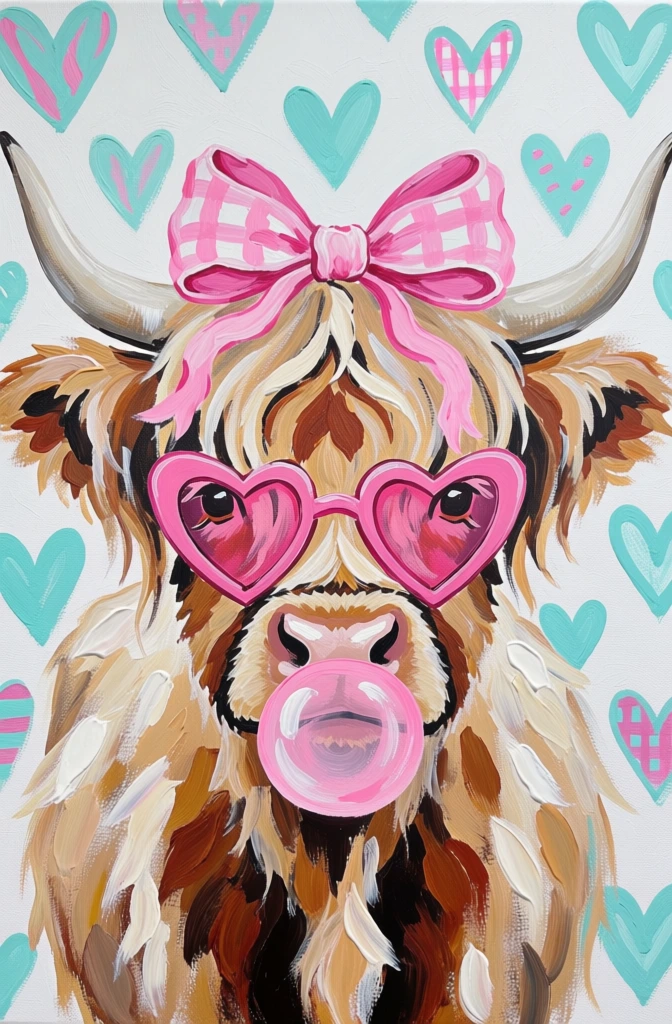 A playful, whimsical painted portrait of a shaggy Highland cow faces forward wearing oversized heart-shaped sunglasses, a giant pink gingham bow between its horns, and blowing a pale pink bubblegum bubble against a background filled with turquoise hearts. acrylic painting, hand-painted illustration, contemporary pop art, whimsical animal portrait, farmhouse-chic decor style, girly western aesthetic, playful, cheeky, bright, graphic, stylized realism, medium visual complexity, visible brushwork, canvas texture, decorative wall art, Lisa Audit, Eli Halpin, Amanda Greenwood, pop-folk influence, turquoise, aqua, hot pink, pastel pink, white, tan, caramel, rust, navy, high-key background, vivid color contrast, soft diffuse lighting, no camera settings applicable, no photographic artifacts, painted texture, layered strokes, dry-brush and blended acrylic effects
Centered vertically and horizontally is the cow’s head and upper chest, shown straight on and cropped close so the face dominates nearly the entire frame. At the very top left and top right, pale gray curved horns arc inward from the edges, framing the head. Between them, slightly above center, sits a large bow tied over the forehead; it is bright pink with white gingham checks and outlined with energetic turquoise and magenta accents, with the knot just right of center and the loops spreading left and right. The cow’s forelock is thick and tousled, spilling downward beneath the bow in layered strokes of honey blond, tan, cream, chestnut, and touches of orange. Across the upper middle of the face rest oversized heart-shaped sunglasses, symmetrically placed, with chunky pink frames decorated by small dotted marks; the lenses are deep blue-black with glossy white highlights near the upper left of each lens. Beneath the glasses, only small dark nostril marks and bits of the muzzle peek out because a large round bubblegum bubble occupies the center lower half of the face, pale pink with soft white highlights and a darker pink rim. The cow’s long shaggy fur continues down both cheeks and chest in vertical, feathery brushstrokes, blending warm browns, creams, and rust tones. The entire white background is patterned with scattered aqua and turquoise hearts of varying sizes, some solid and some partially overlaid with pink gingham or rough painterly patches, distributed from corner to corner with larger hearts near the top and sides and smaller ones filling gaps around the cow.