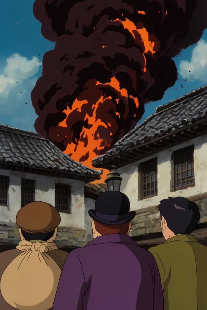 Three onlookers viewed from behind watch a towering plume of dark smoke and bright orange fire rising behind traditional buildings. The men wear a brown cap with a large tan sack, a purple coat with a bowler hat, and an olive-green jacket. The explosion erupts behind two-story white stucco structures with dark wood windows and grey tiled roofs. Rendered in a classic cel-shaded animation style with flat colors, fiery illumination, and a low-angle perspective against a blue sky.