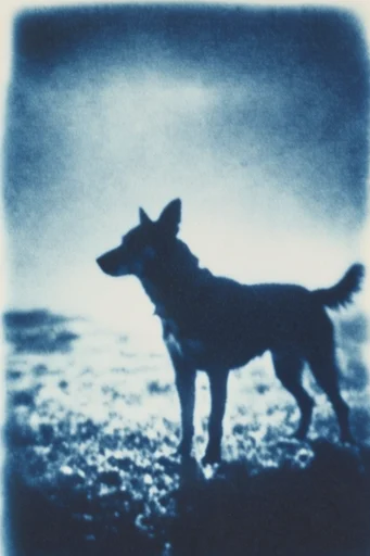 Ethereal Cyanotype Noir style reference image — lo-fi glitch artifacts