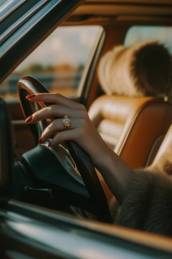 Nostalgic Cinematic Motoring style reference image — cognac leather textures