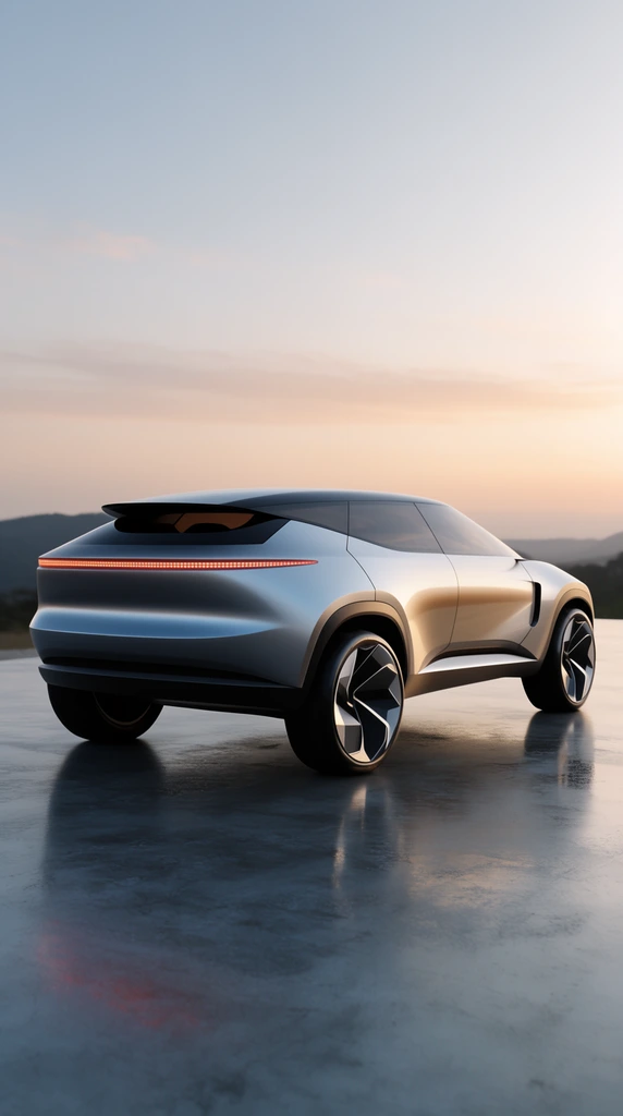 A futuristic metallic silver concept SUV rests on reflective concrete against a soft twilight sky. The aerodynamic vehicle features an illuminated rear light bar, a floating black roof, and large geometric wheels. A low-angle rear three-quarter view emphasizes its smooth, handle-less body. Warm sunset lighting highlights distant hills in this realistic automotive rendering.