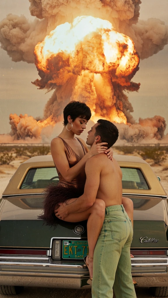 A man and a woman embrace intimately on the trunk of a vintage car in a desert landscape as a massive mushroom cloud from an explosion rises in the background. The woman, with short dark hair and large silver hoop earrings, wears a shimmering copper-toned bodysuit and a dark feathery skirt, sitting on the edge of the dark green car with her legs wrapped around the man. The shirtless man, clad in light green high-waisted denim jeans, stands between her legs and holds her waist, gazing up into her face. The car, a Cadillac with a gold-colored roof, features a chrome rear bumper and a Florida license plate that reads "EKT 71T" with "DADE" at the bottom and "DEC" in the upper left corner; the word "Cadillac" is written in silver cursive script on the right side of the trunk. In the far distance, a colossal explosion creates a towering mushroom cloud of bright orange and white fire surrounded by billowing gray and brown smoke. The scene is set in a flat, arid environment with sparse, low-lying vegetation and a hazy sky that matches the warm, sepia-toned color palette of the image. The composition is centered on the couple and the explosion, captured with a grainy, retro photographic texture that suggests a vintage film aesthetic. The lighting is dominated by the intense glow of the explosion from behind the subjects, creating a high-contrast silhouette effect against the dusty background.