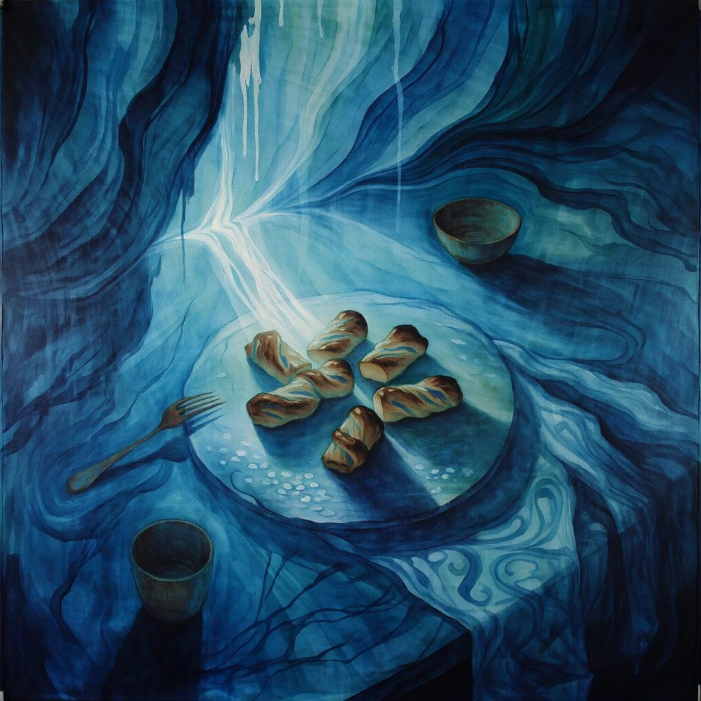 painterly study in deep cerulean and navy with ochre highlights, seven baked twisted pastries on a round stone plate, dramatic top-down illumination with luminous white streaks, loose granules on a veined surface, fork on left, small bowl top right, patterned cloth bottom right, empty cup bottom left, expressive brushwork with fluid washes and vertical drips, sweeping organic shapes framing the composition, high-contrast values, ethereal and textured atmospheric rendering, vertical.