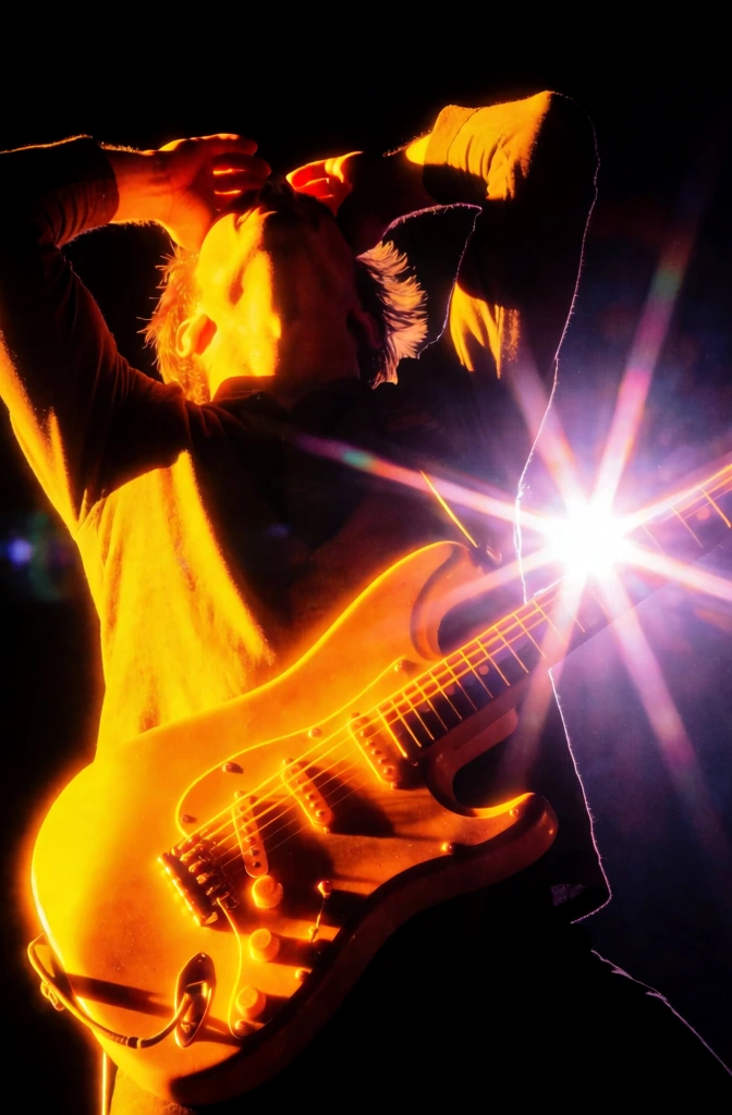 A vibrant, high-contrast photograph captures a musician in a dynamic pose, illuminated by intense, glowing light effects on a dark stage. The central figure is angled toward the right, holding an electric guitar that radiates a brilliant, saturated yellow and orange glow. The musician's head is tilted back, their facial features obscured by the intensity of the warm light reflecting off their hair and face. Their torso and legs are partially visible, clad in dark, textured clothing that catches the orange and yellow light, while a thin cable hangs down from the instrument. To the right of the figure, a large, brilliant four-pointed starburst flare in shades of magenta and purple dominates the middle ground, overlapping the musician’s side. The background is a deep, grainy black, creating a stark contrast with the luminous subjects. At the bottom of the frame, small vertical streaks of pink and red light appear against the darkness, suggesting distant stage lights or reflections. The image features a vertical composition with a low-angle perspective that emphasizes the energy of the performance. The lighting is highly stylized, utilizing extreme saturation and bloom effects that make the guitar and figure appear as if they are emitting light. The overall aesthetic is grainy and psychedelic, characterized by a high-contrast color palette of deep black, glowing yellow, orange, and electric purple.