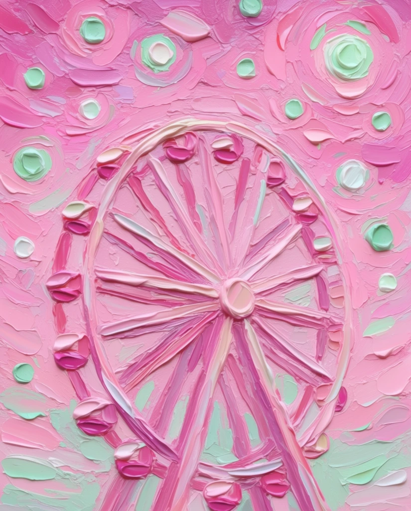A heavily textured impasto painting of a single ferris wheel set against a starry sky, rendered entirely in dimensional, sculptural brushstrokes. The ferris wheel features a massive circular frame and intersecting spokes built from thick, curving ridges of glossy paint standing in high relief. The surrounding starry sky consists of swirling, densely layered smears of bubblegum pink, pastel pink, and deep magenta paint. Raised, circular dabs of soft mint green, seafoam, and pale white are embedded within the pink firmament to form the stars. An extreme palette knife technique characterizes the entire composition, creating a tactile, three-dimensional topography where the physical volume of the medium catches the light and casts micro-shadows along the protruding paint ridges. The directional, overlapping dollops of paint create a continuous, sweeping texture throughout the sky and the wheel's structure, unifying the scene through a strict, vibrant pastel color palette of predominantly pink hues accented by cool greens.